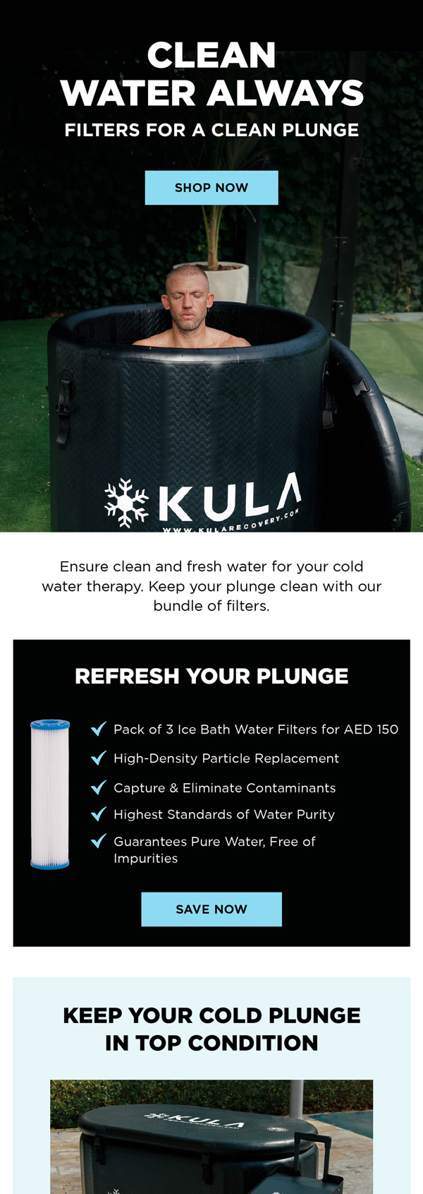 KULA post-purchase email promoting water filters