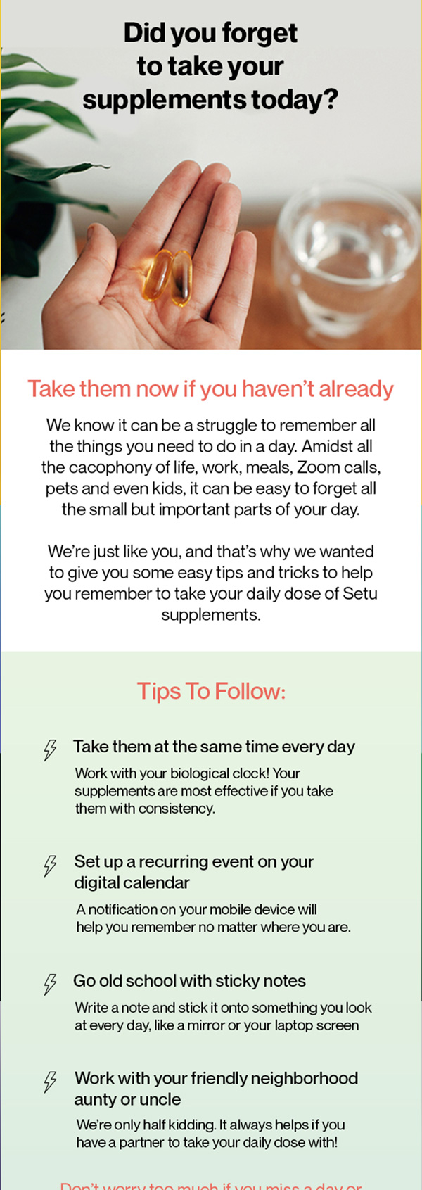 Setu replenishment email with tips to take supplements daily
