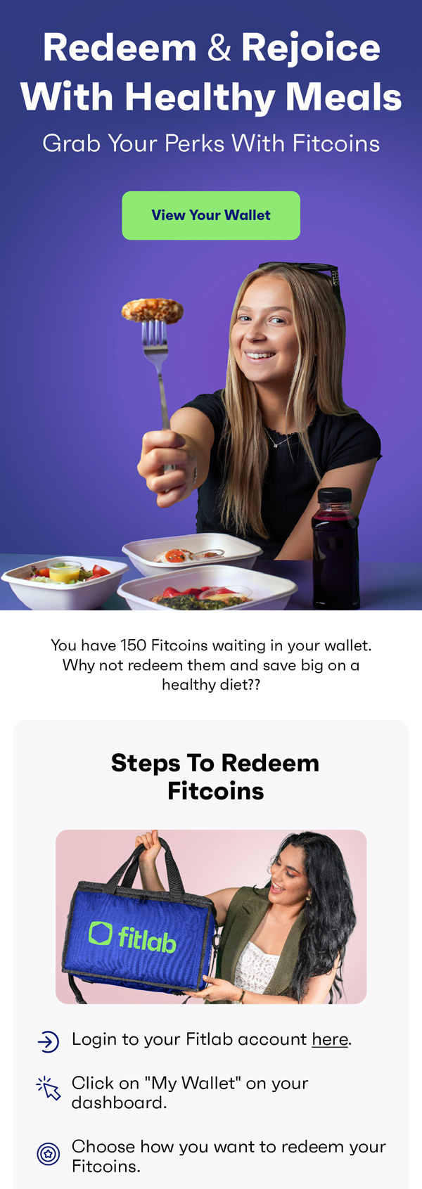 Fitlab email on redeeming Fitcoins for meals
