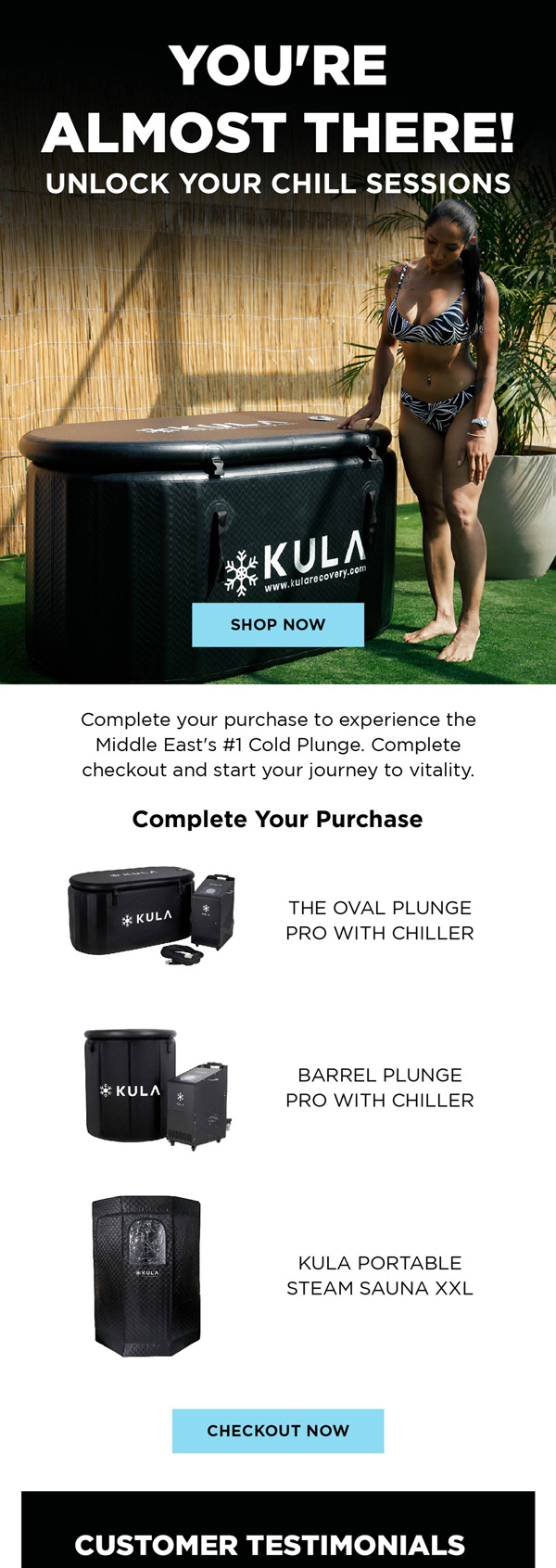 KULA checkout reminder email with plunge and sauna picks