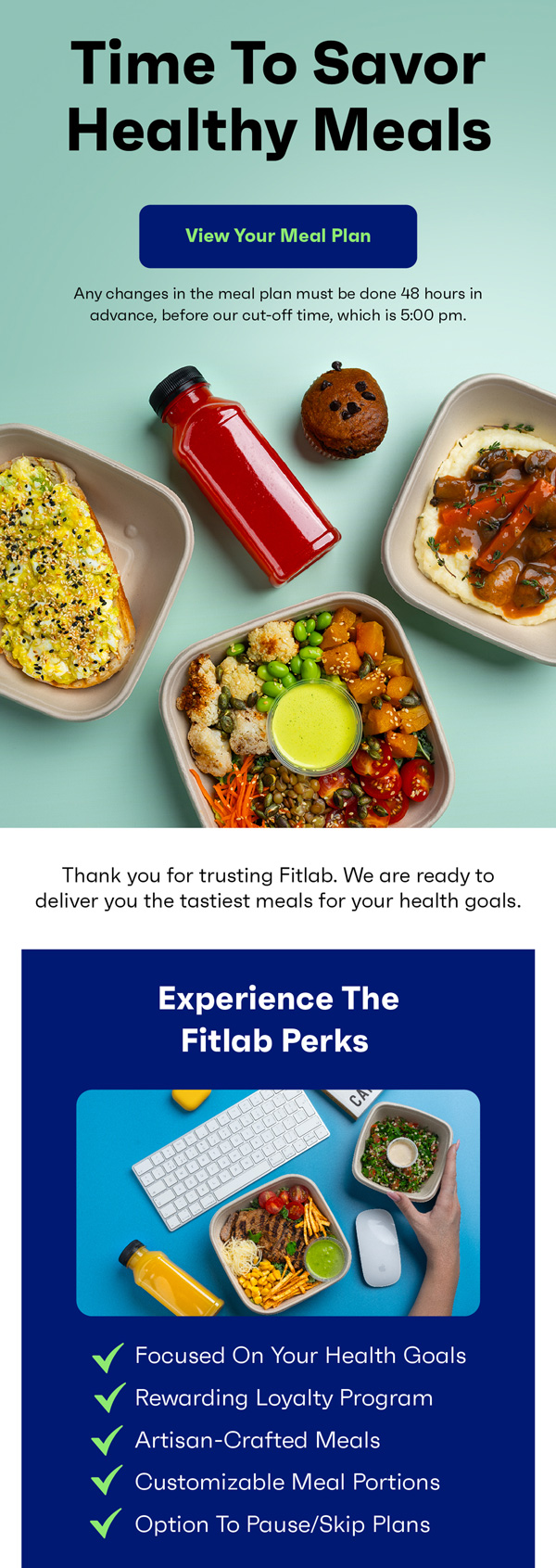 Fitlab meal plan confirmation email with perks