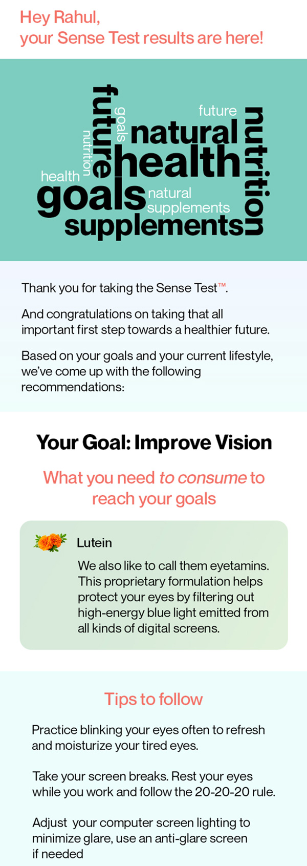 Setu Sense Test results email with vision tips