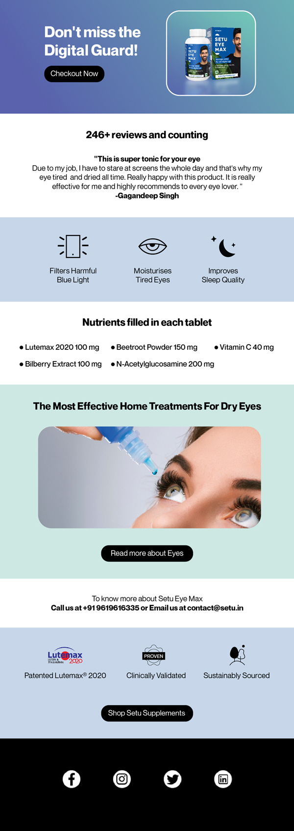 Setu Eye Max email with reviews and nutrients