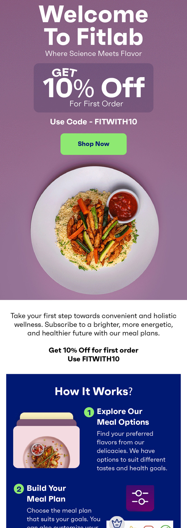 Fitlab welcome email with 10% off the first order
