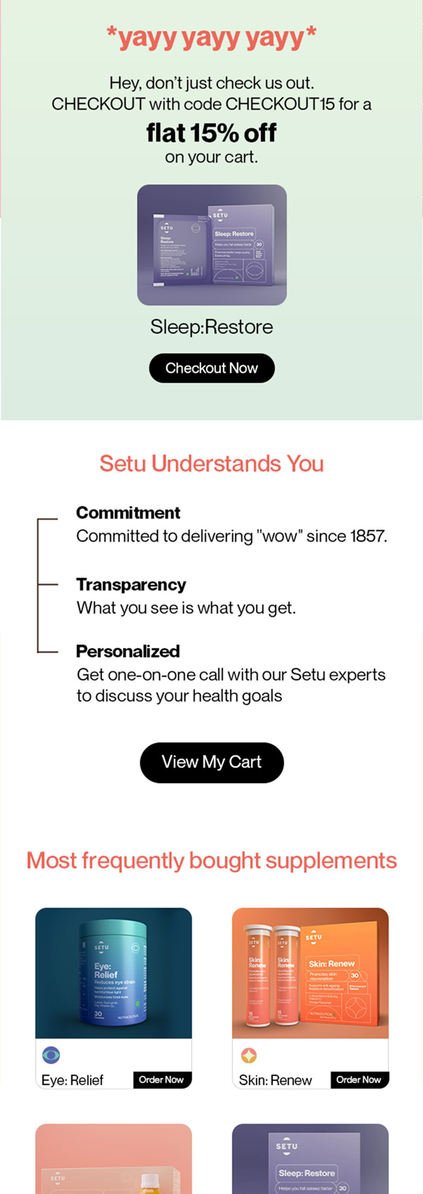 Setu checkout reminder email with 15% off