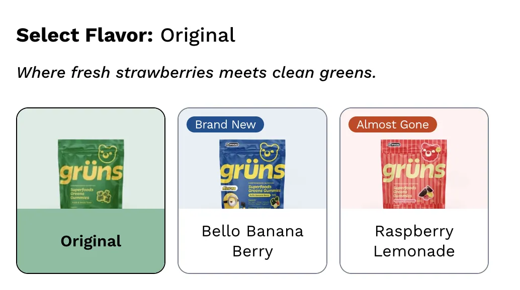 Flavor selector showing a brand new flavor and one marked almost gone