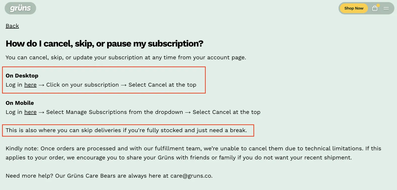 Cancel, skip or pause article with click by click steps for desktop and mobile