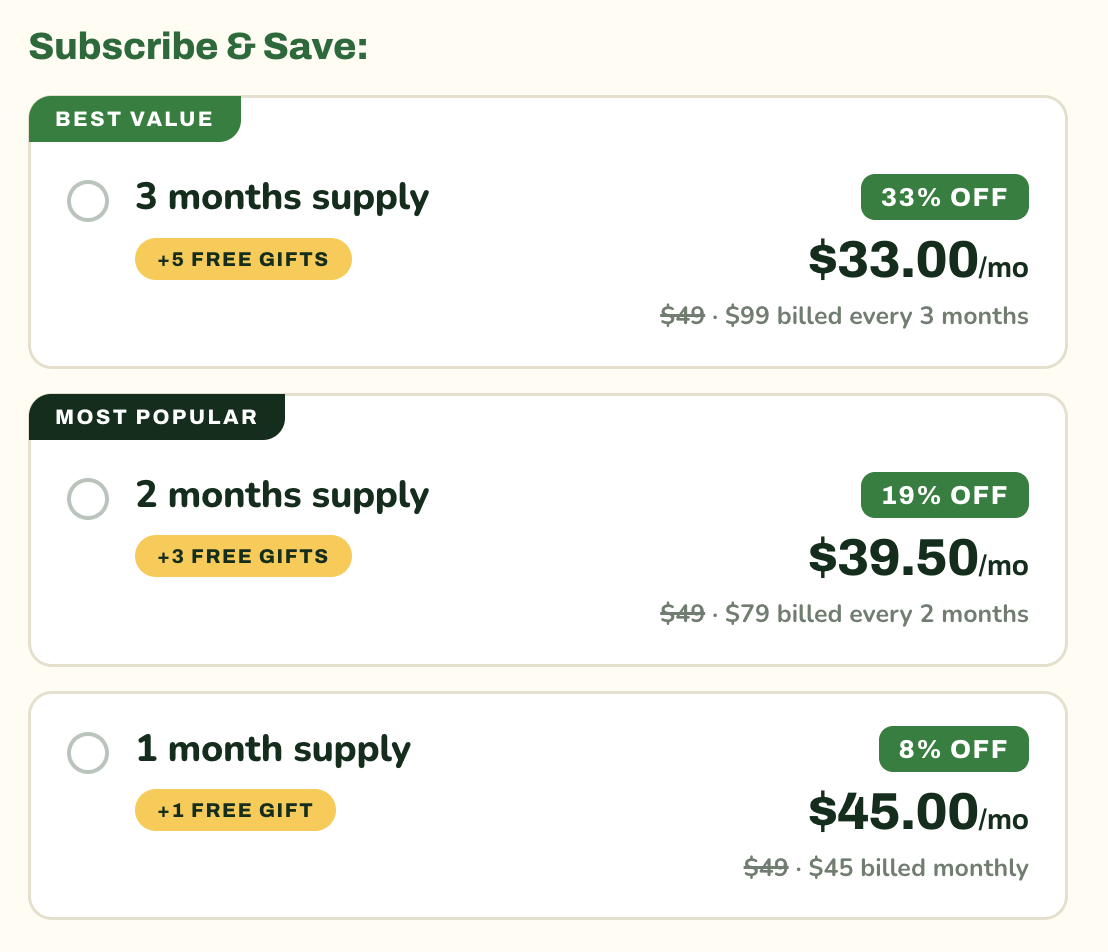Subscription widget: 3 months supply with 5 free gifts, 2 months with 3 free gifts, 1 month with 1 free gift