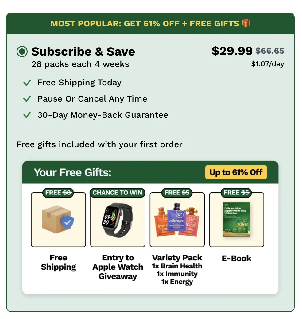 Subscribe and save at $29.99 with free shipping, variety pack, ebook and an Apple Watch giveaway entry