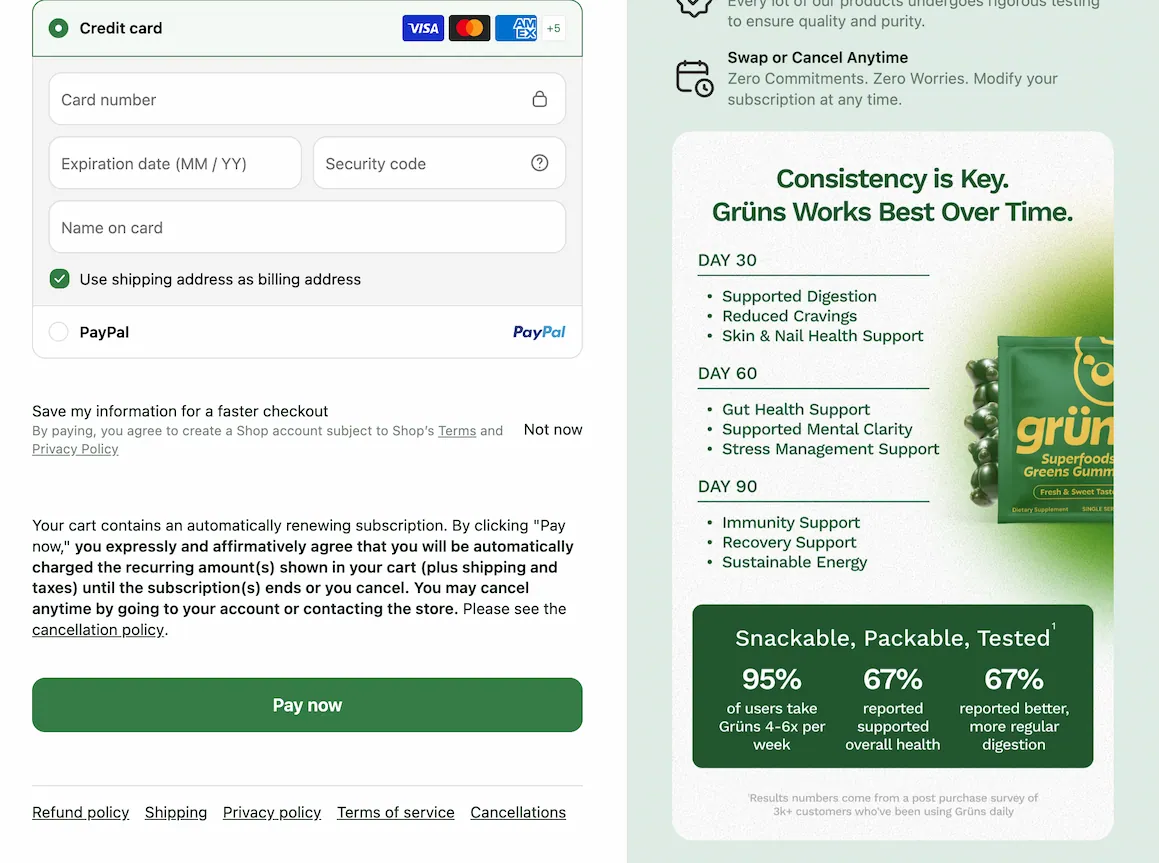Checkout page showing day 30, day 60 and day 90 results beside the payment form