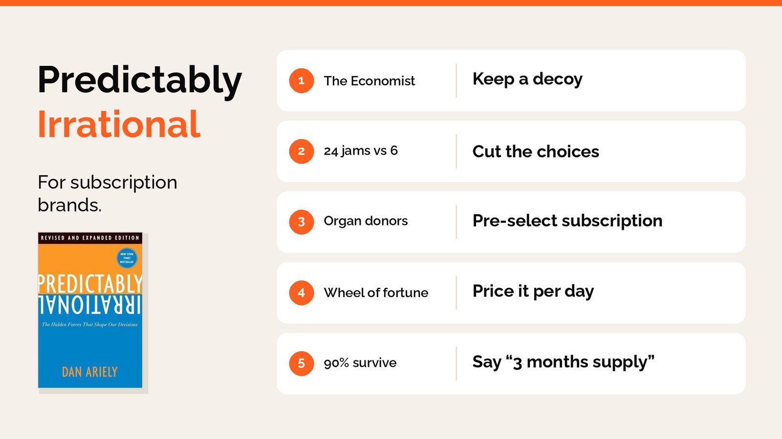 Predictably Irrational for subscription brands: keep a decoy, cut the choices, pre-select subscription, price it per day and say 3 months supply