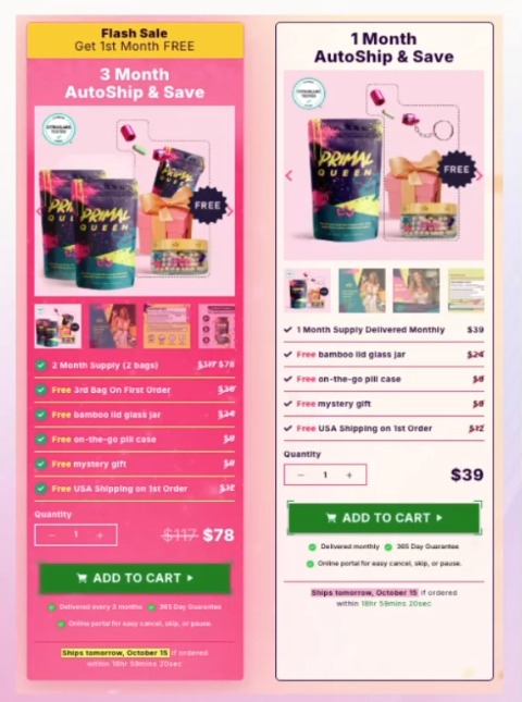Primal Queen BFCM flash sale: 3-month autoship with the first month free and gifts, next to the 1-month autoship