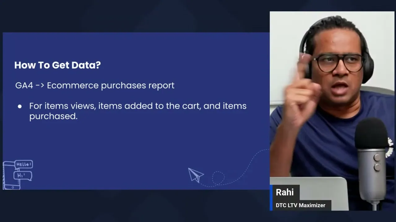 Where to get conversion data: GA4 ecommerce purchases report for views, add to carts and purchases
